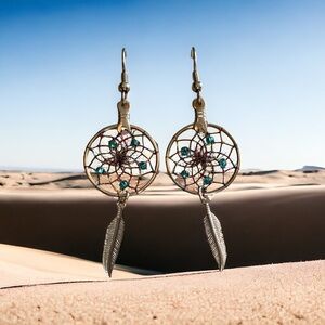 Silver Dreamcatcher Earrings with Teal Beads and Maroon Thread.
